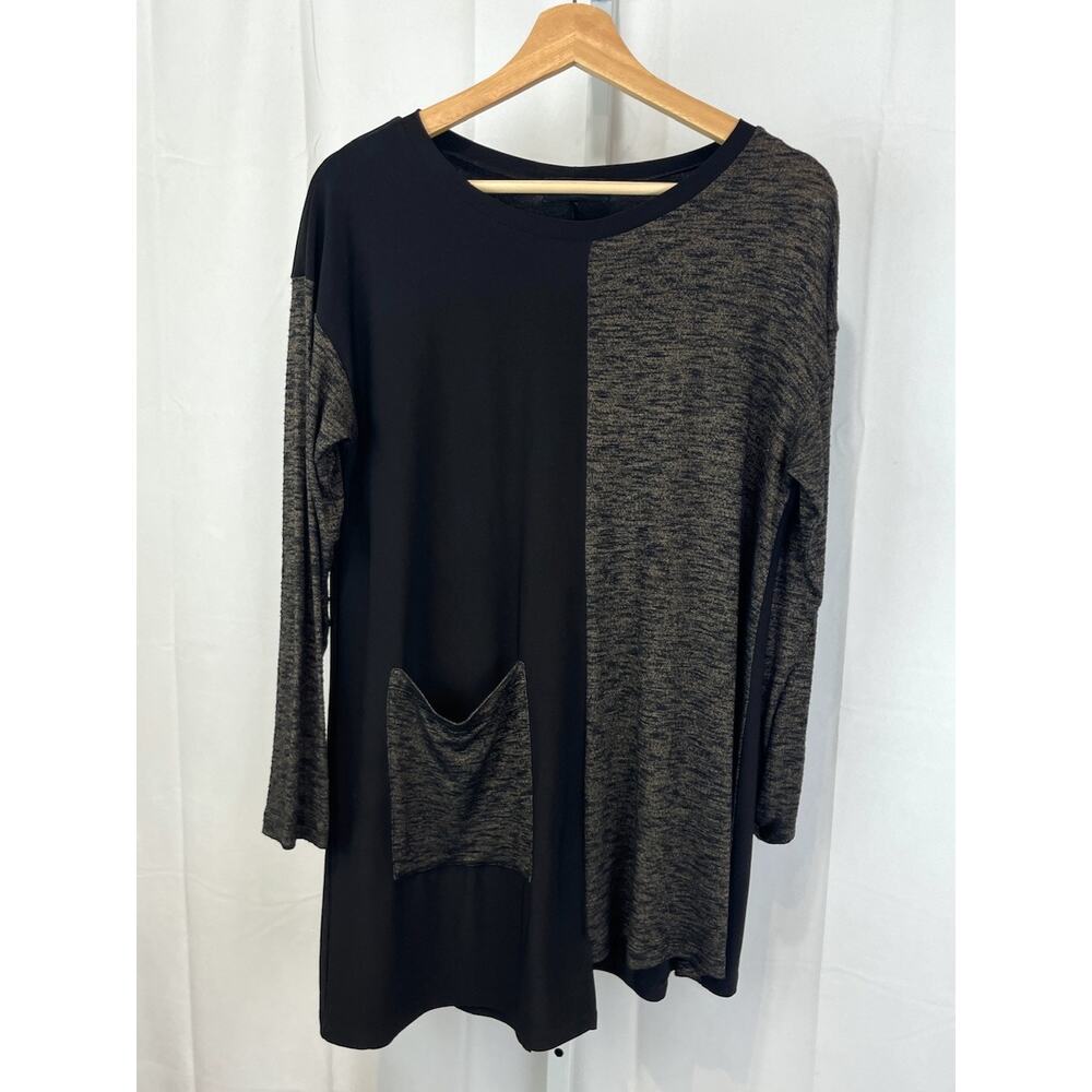 SUN KIM Sz S Colorblock Tunic Top Long Sleeve Asymmetric Pocket Hem Black Brown - Picture 7 of 7